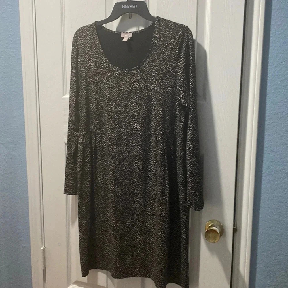 J. Jill Wearever Collection Black &Cream Long Sleeve Midi Shift Dress SZ Petit L